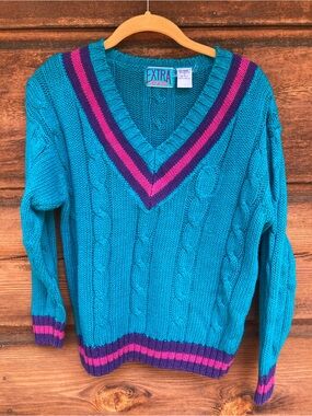 Ramie Teal Cable-Knit V-Neck Sweater 80s/90s